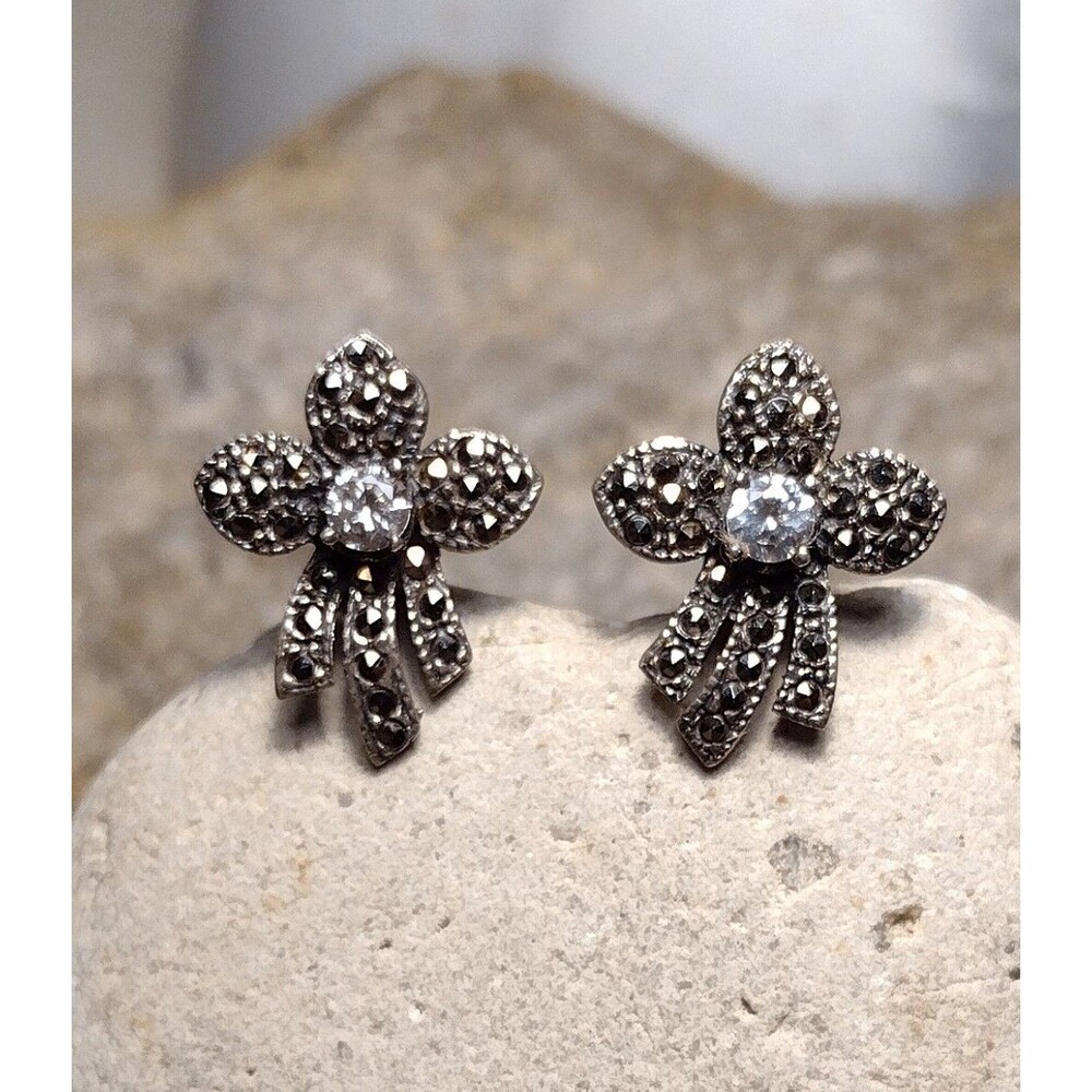 Vintage Sterling Silver .925 Marcasite CZ Flower Earrings Art Nouveau style